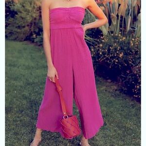 The Bethany Jumpsuit / Anthropologie Pink Cropped Wide Leg Strapless